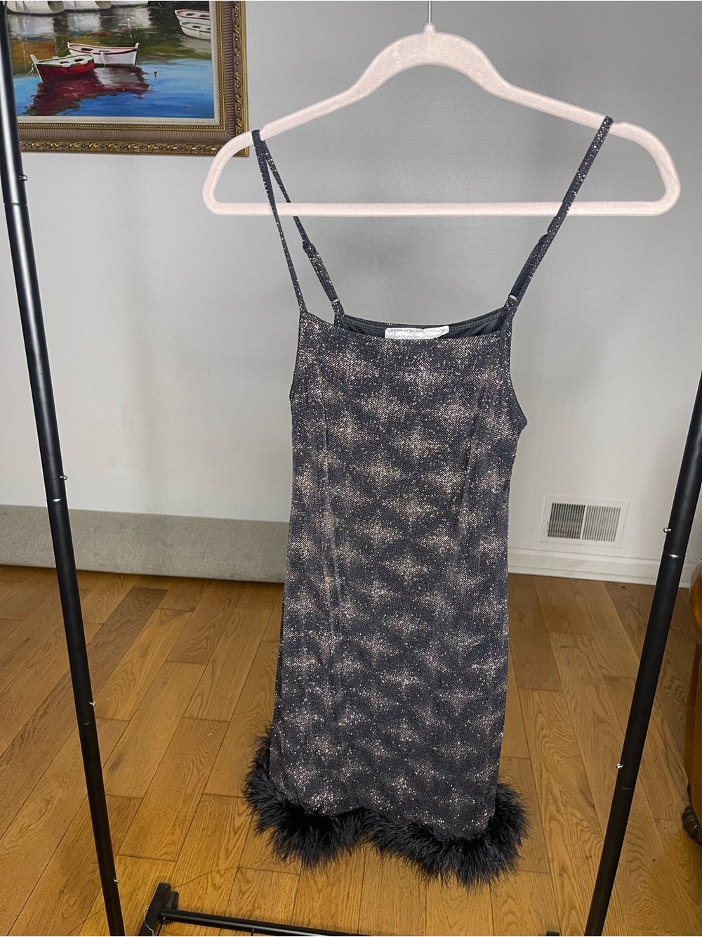 Urban Renewal Black Shimmery Slip Dress with Feather Hem